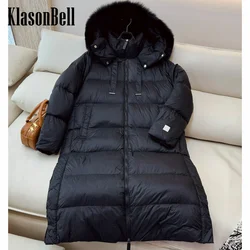 8.31 KlasonBell Women Temperament Fox Fur Collar Loose Goose Down Jacket  Hooded Quilted Long Sleeve Side Split Down Coat