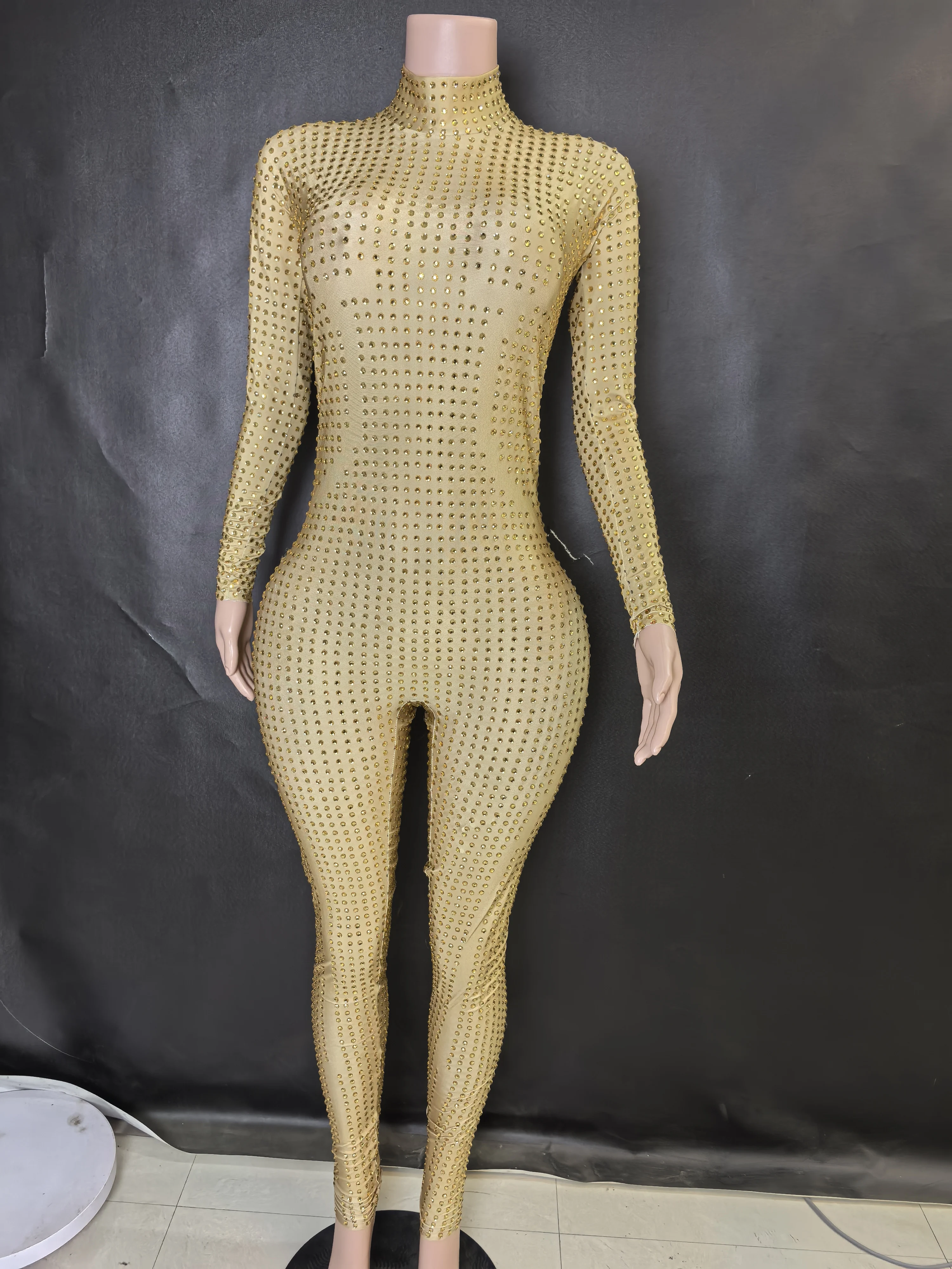 Women's Sparkly Long Sleeve Crystal Rompers Bodycon Bodysuits for Pole Dance Stage Performance Party One Piece Jumpsuits 7G