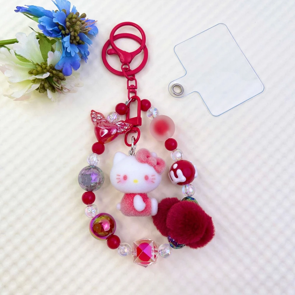 창의적인 플로킹 헬로키티 휴대폰 체인, 헤어볼 비즈 휴대폰 끈, 열쇠고리, 가방 펜던트, 소녀 선물