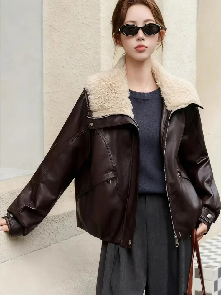 

Warmth Faionable American Sle Biker ort Jaet Women's Autumn Winter Flip Collar Leather Coat Pear ape Fit Zipper