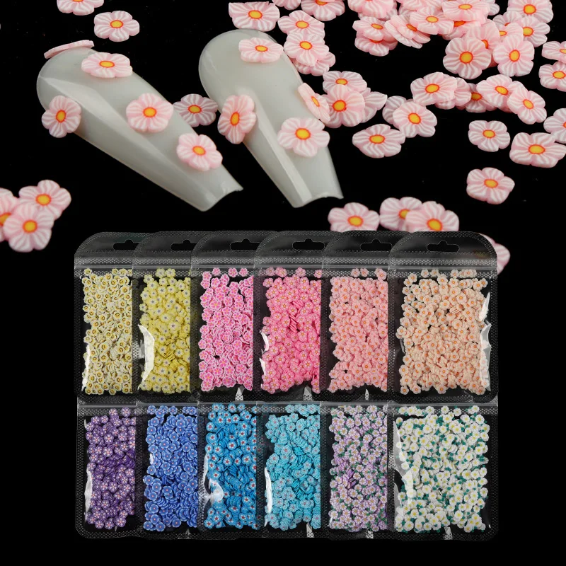 10 g/bolsa hermosas y bonitas flores de Margarita Fimo, rodajas de arcilla suave, pegatinas para decoración de uñas, calcomanías para manicura, proveedores de uñas UV, dijes