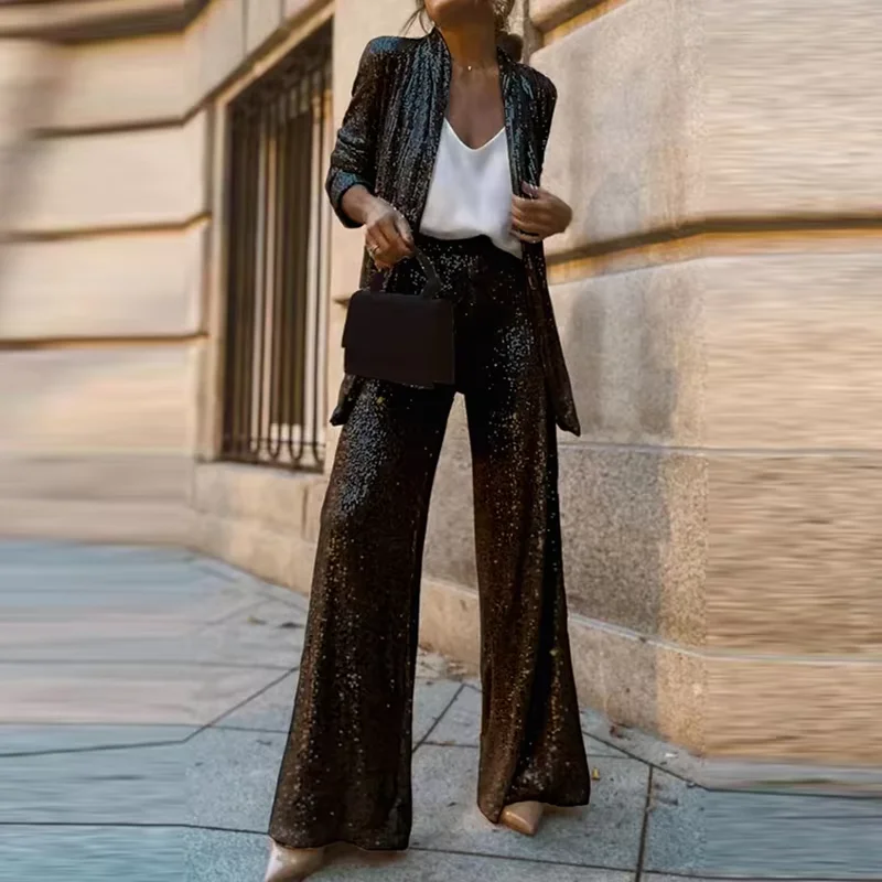 Autumn Sequin Sparkling Casual Elegant Vacation Set Y2K Sparkling Cardigan Long Sleeved Top & Wide Leg Pants Christmas Suit  New