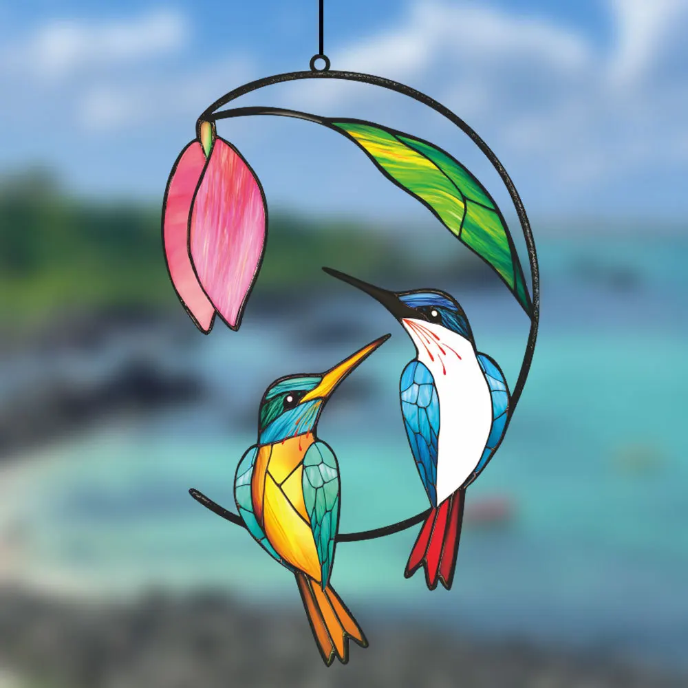 Colorful Hummingbird Stained Glass Suncatcher Metal Bird Window Hanging Decor For Garden Home Gift For Bird Lovers