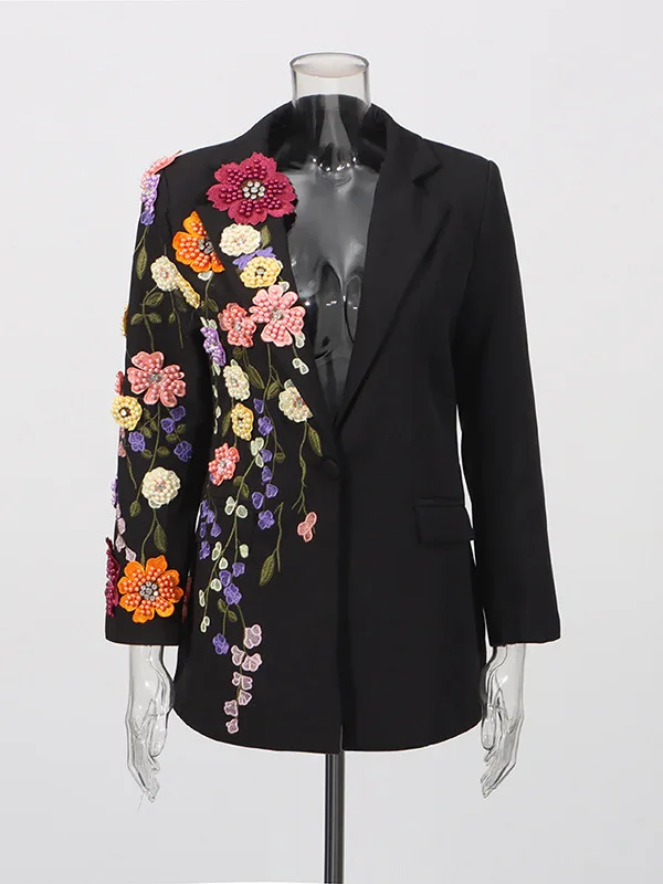 Autumn Winter  Embroidered Beaded Loose Midi Length Women's Suit Jacket Luxury Fluffy Flower Stitching Fashionable