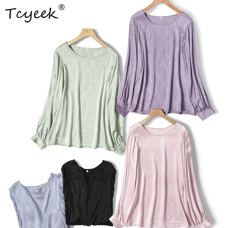 

Tcyeek 93% Mulberry Silk 7% Spandex Spring Summer French Lantern Long Sleeved Round Neck Loose Fit Women's Shirts חולצותנשים