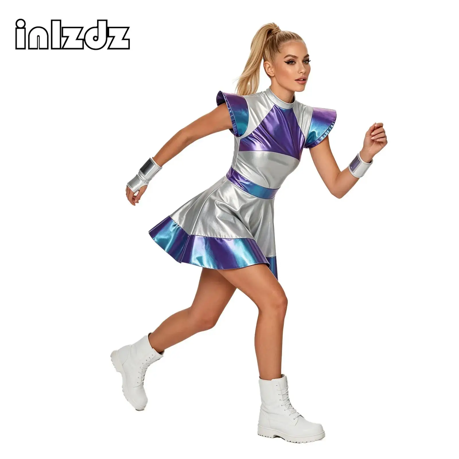 Halloween Alien Cosplay Kostüm für Frauen, Weltraum-Kleider, Strukturiertes Tutu-Kleid mit Flügelärmeln für Futuristische Themenpartys