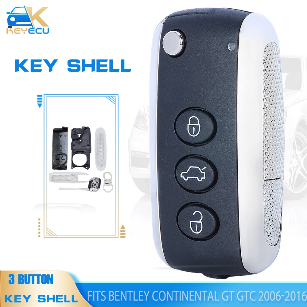 

KEYECU 3 Button Flip Remote Key Shell Case Housing Fob for Bentley Continental GT GTC 2006-2016