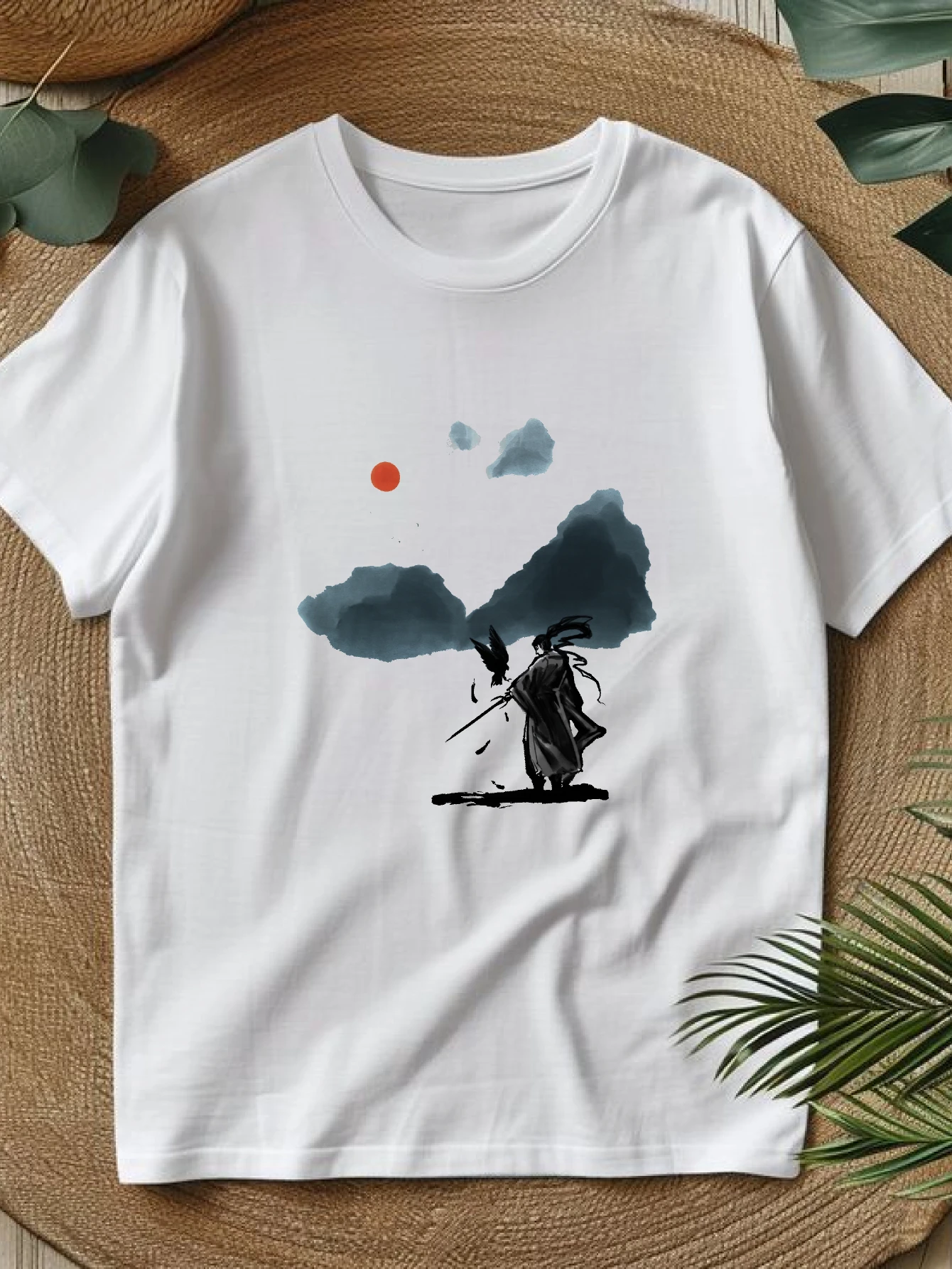 

Women's T-shirts Chinese style Running Short sleeve tee Graphic Casual 100% cotton Silhouette Warrior Under Clouds printed te