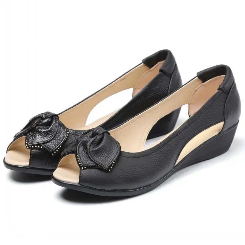 2024 Summer Women's Sandals Genuine Leather Women's Shoes Slope Heels Mom's Shoes Plus Large Peep Toe Non slip Leather Sandals
