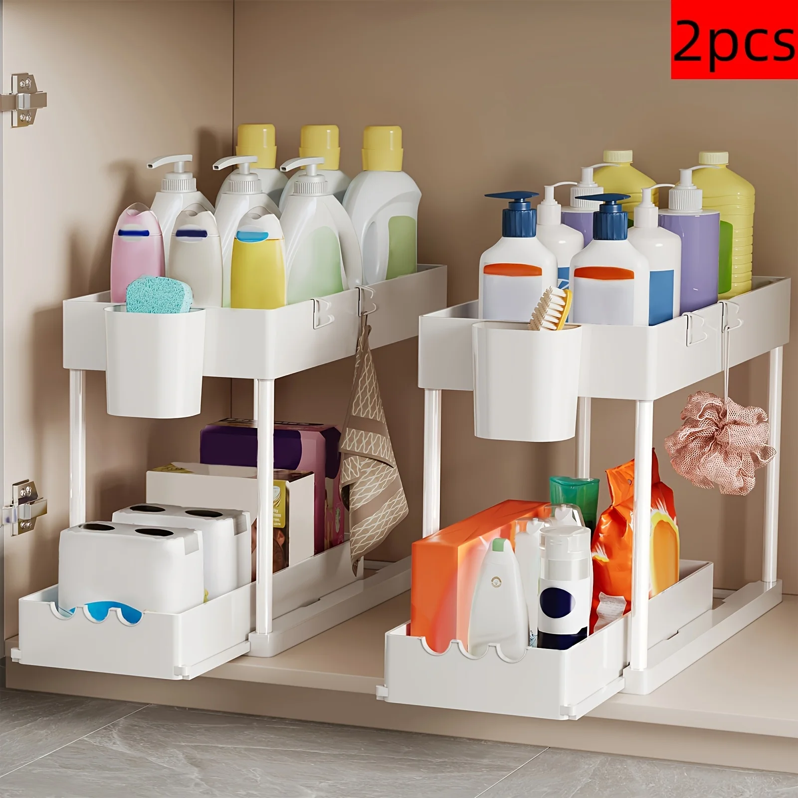 

2Pcs 2-Tier Sliding Cabinet Organizer, Pull-Out Under Sink Rack, Double-Layer Shelf for Kitchen and Bathroom Storage