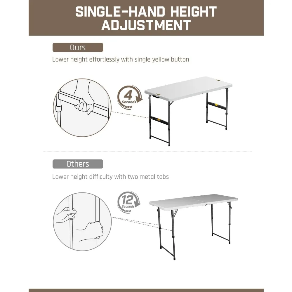 Portable Folding Table 4ft, One-Handed Height Adjustment, 4 Positions, Gravity Lock, Carry Handle, Suitable for Indoor and Outdo