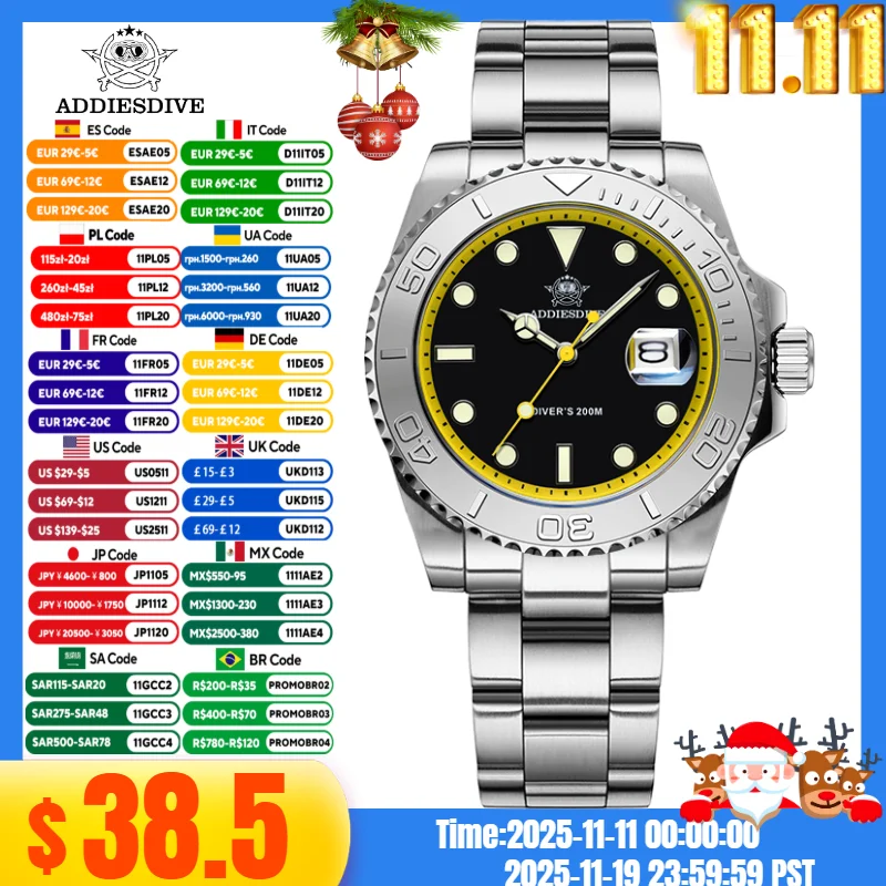 

ADDIESDIVE AD2040 Luxury Fashion Watch For Men 316L Stainless Steel 20Bar Waterproof Blue Luminous Quartz Watch Reloj Hombre
