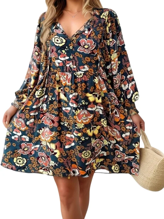 

Elegant Floral Print Long Sleeve Pleated Dress Women V Neck Lace-up A-line Mini Dress Spring Casual High Waist Holiday Dress
