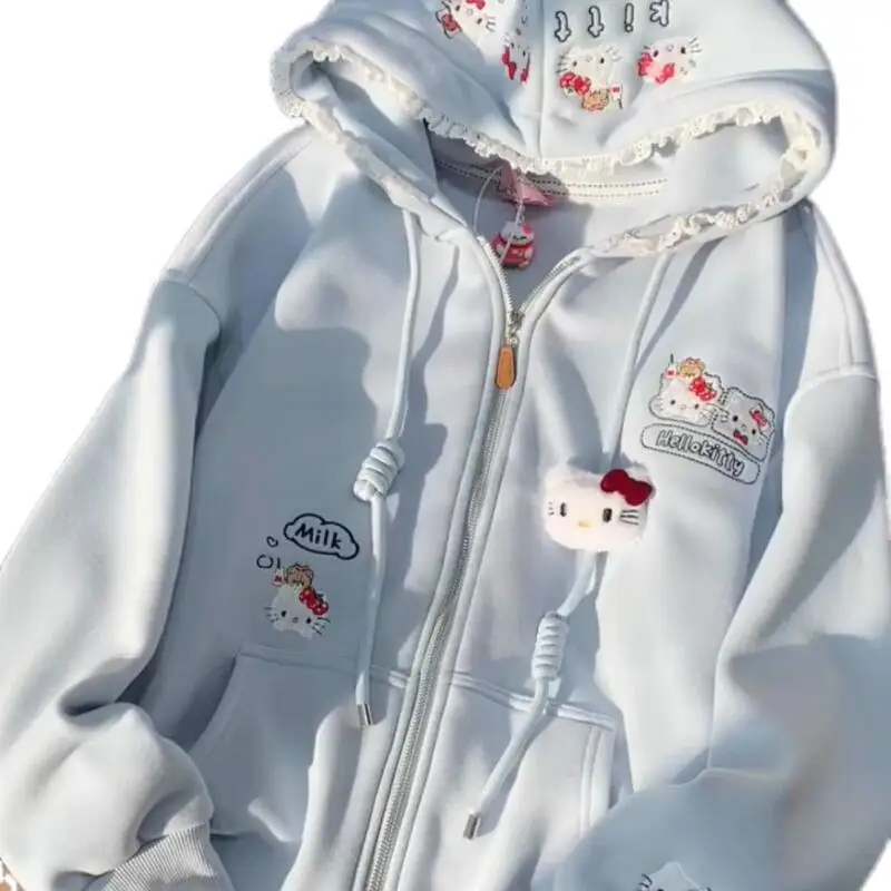 

Милая и стильная толстовка Hello Kitty с вышивкой и кружевом для студенток, свободная плюшевая кофта в стиле оверсайз