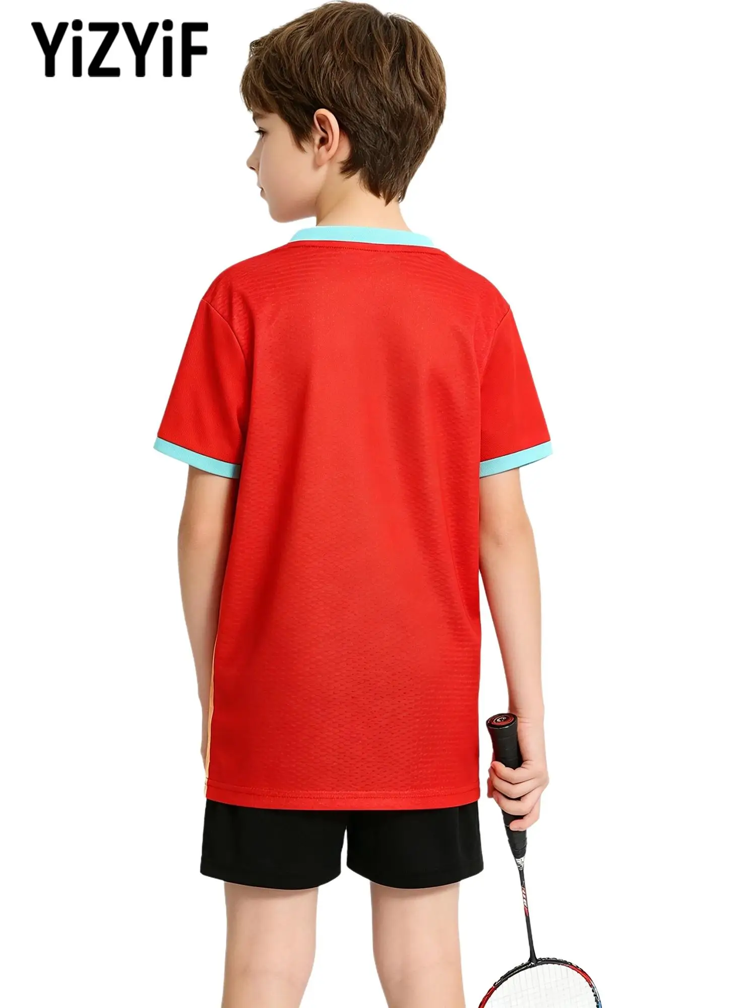 Kids Boys Girls Quick-dry Soccer Uniform V-neck Short Sleeve Stylish Printed Contrast Color Top with Elastic Waistband Shorts