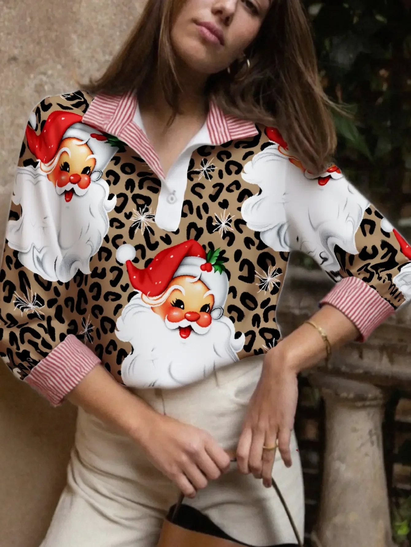 Spring and Autumn Winter Women's Stand up Collar Shirt Long Sleeve, Personalized leopard print background, Christmas Gift.