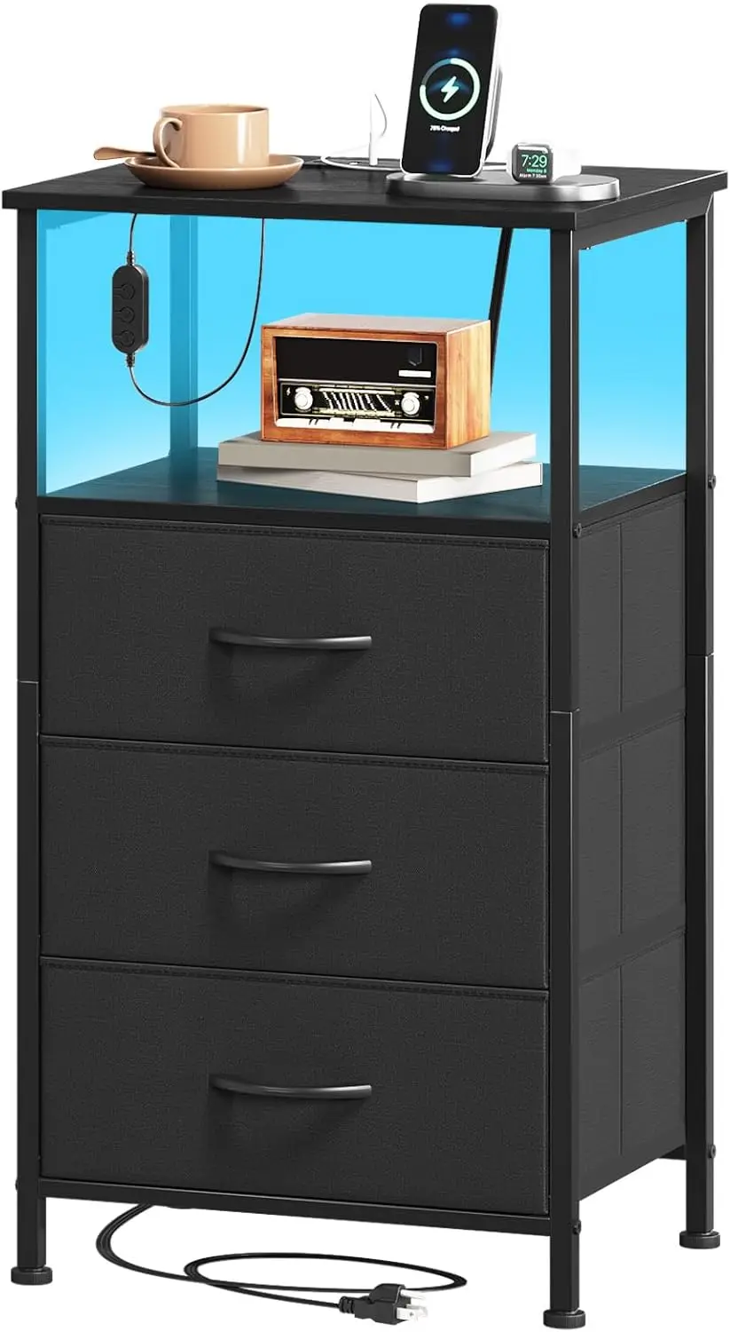 

Black Nightstand with Charging Station, LED Light, and 3 Drawers for Bedroom or Dorm Room