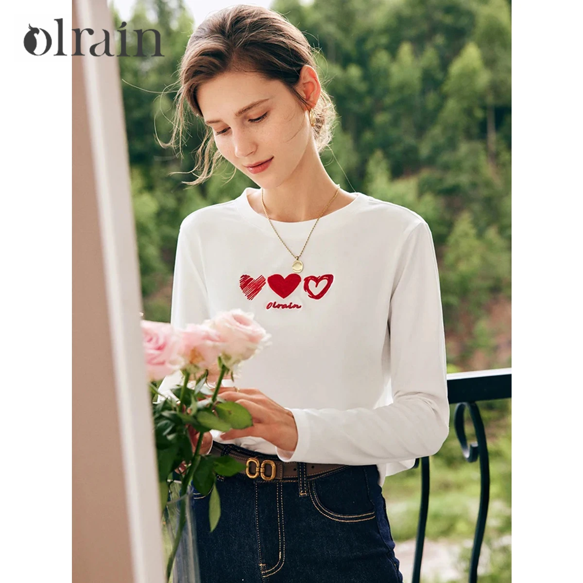 OLrain Women Funny Graphic T Shirts French White Long Sleeve T-Shirts 2026 Spring Summer Love Embroidered Casual Tops N56QT63313