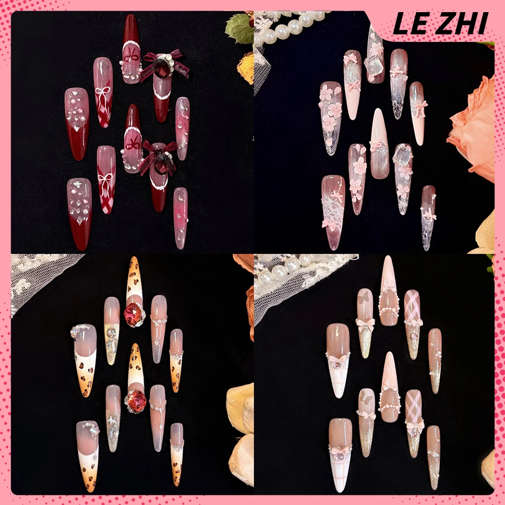 

High-End Fashion Long Stiletto Handmade French Press On Nails Sweet Cat Eyes Bowknot Flower Diamond Pearl Butterfly False Nails