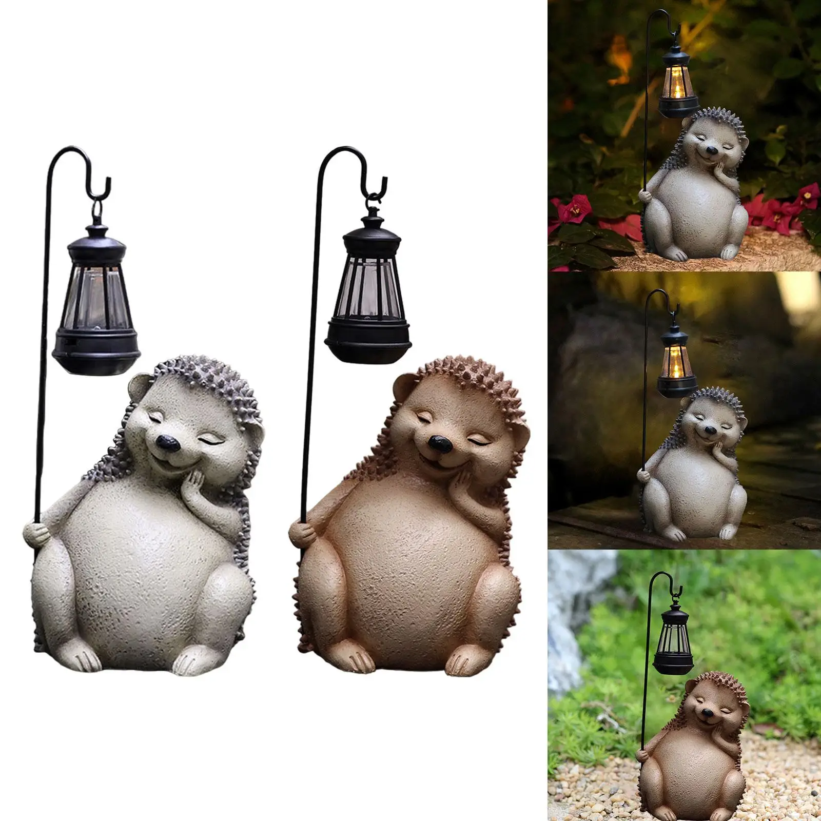 Hedgehog Figurine with Lantern Patio Balcony Garden Statue with Solar Light