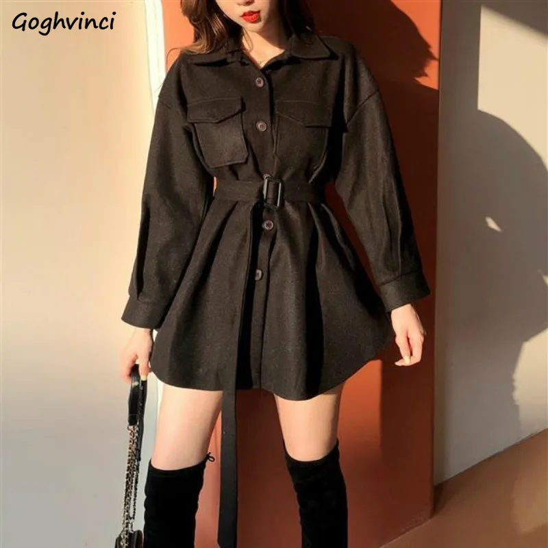 

Women Autumn Wool Blends Hepburn Solid Fashion High Waisted Drawstring Sashes Jackets Leisure All-match College Slim Coats Chic