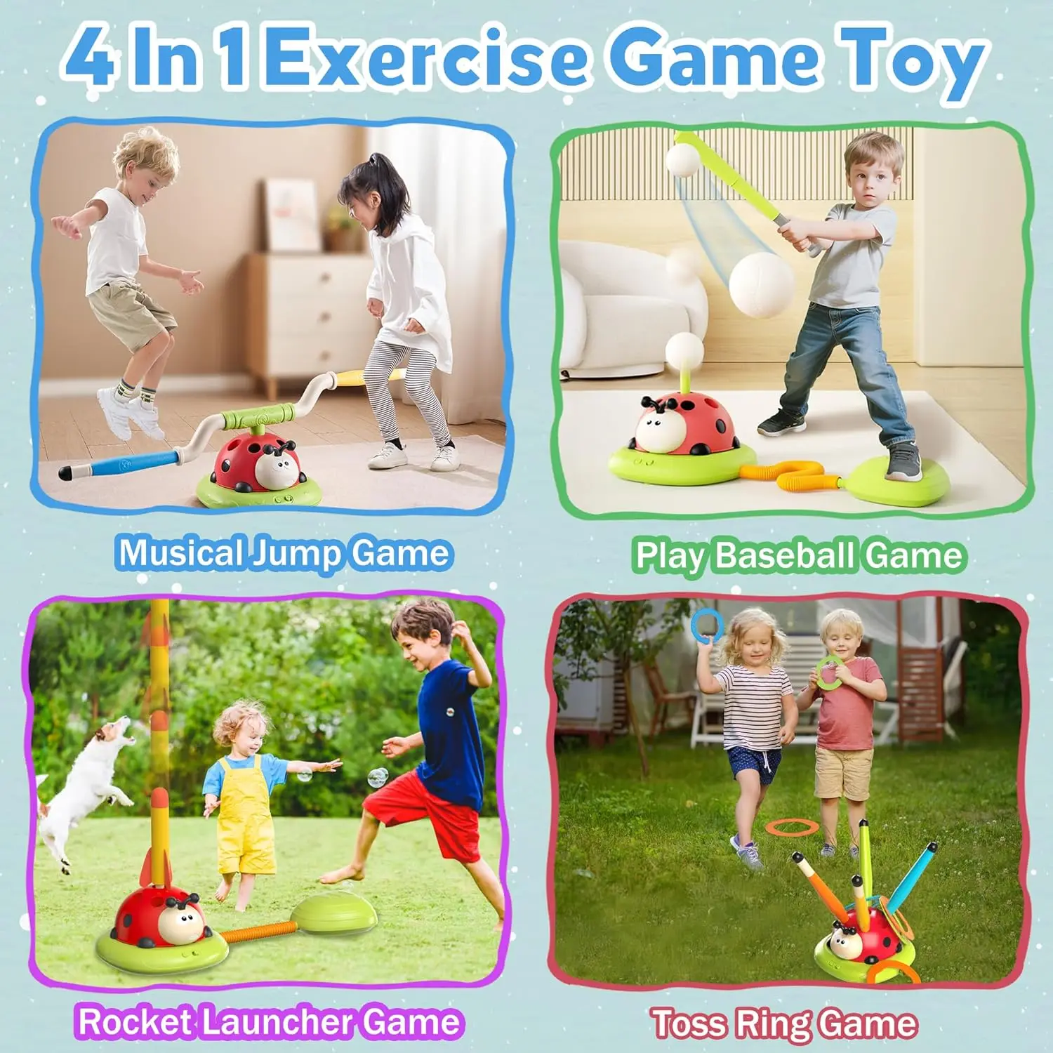 4-in-1 Sports Ladybug Toy: Baseball, Musical Jump, Ring Toss, 3-Foam-Rocket, Remote Gift for Kids 3+; Indoor/Outdoor.