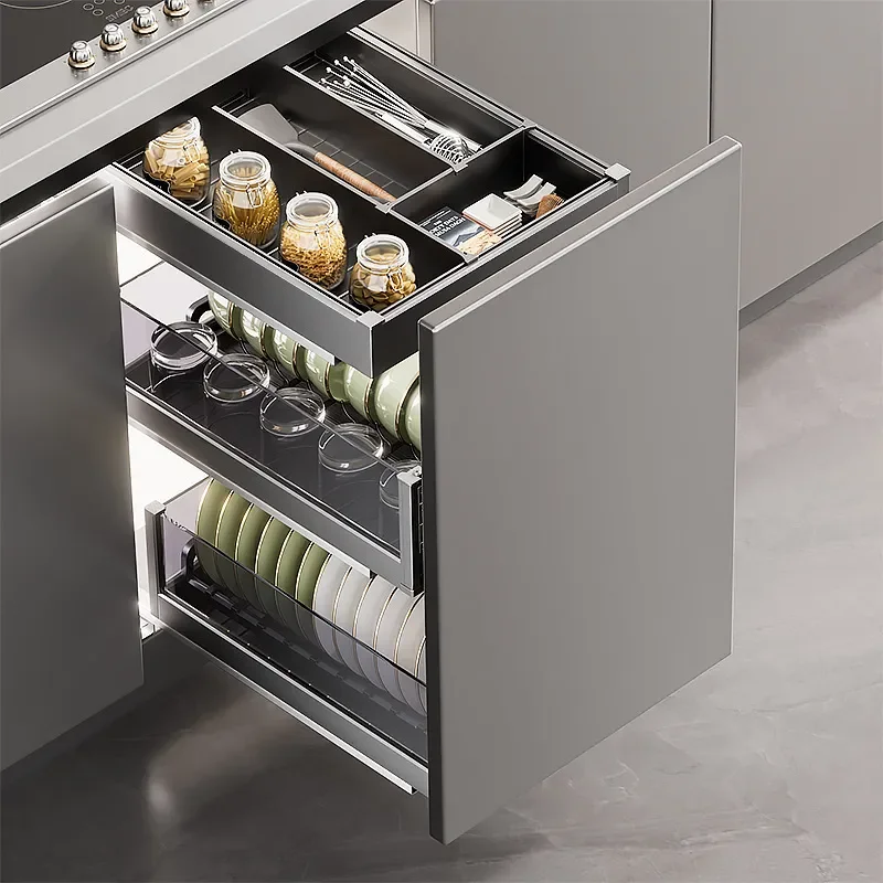3 Tier Aluminum Alloy Kitchen Seasoning Rack Large Capacity Storage Basket Push Pull Drawer Organizer for Dish Cupboard