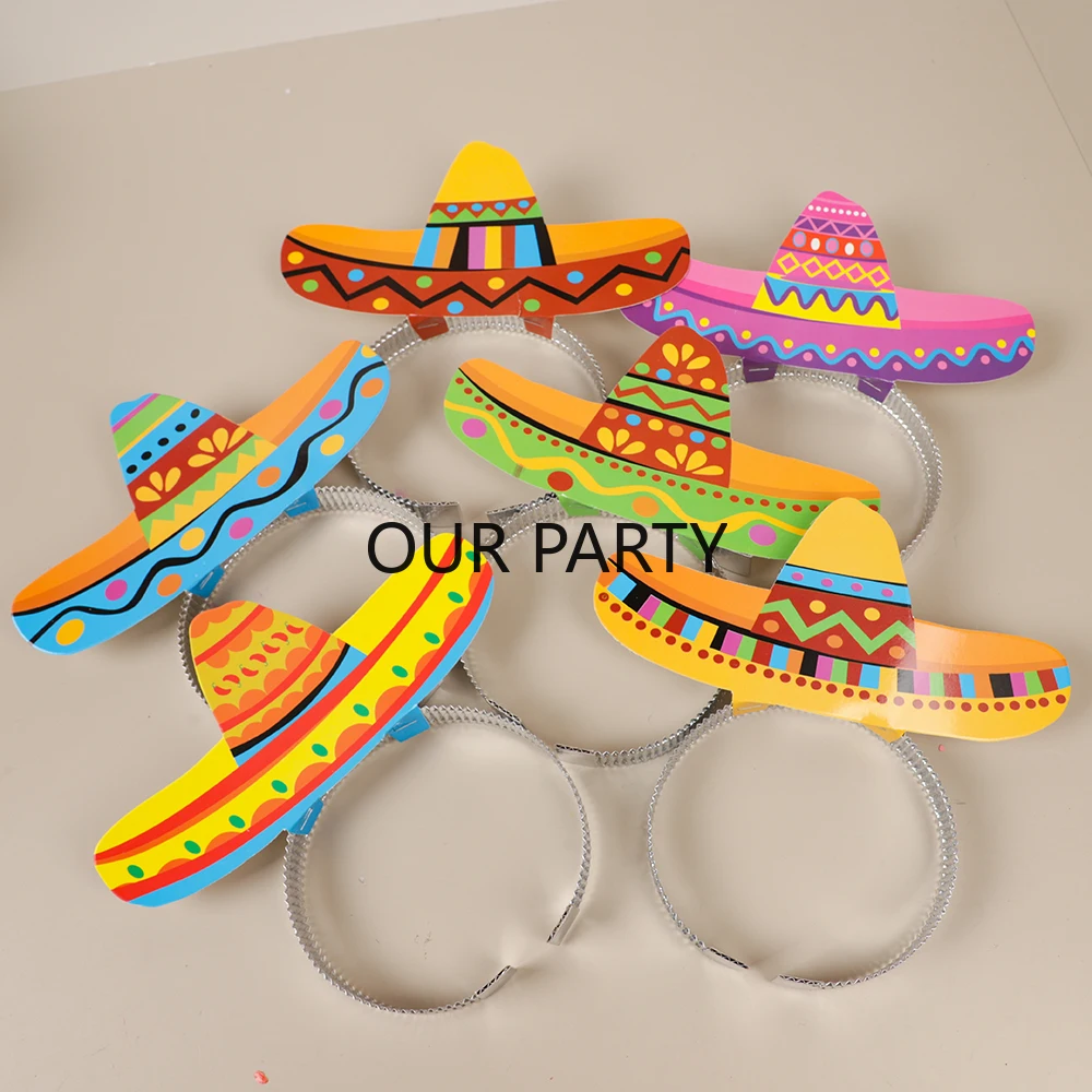 6Pcs Mexican Fiesta Paper Headband Hat Cinco De Mayo Theme Photo Props for Birthday Day of The Dead Halloween Party Decorartion