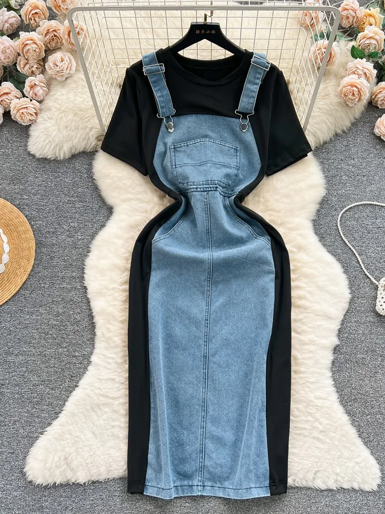 

Lusumily Summer Vintage Long Denim Dress Women Patchwork Design Jean Dress Lady Elegant Lapel Lady Casual Femalevestidos Rober