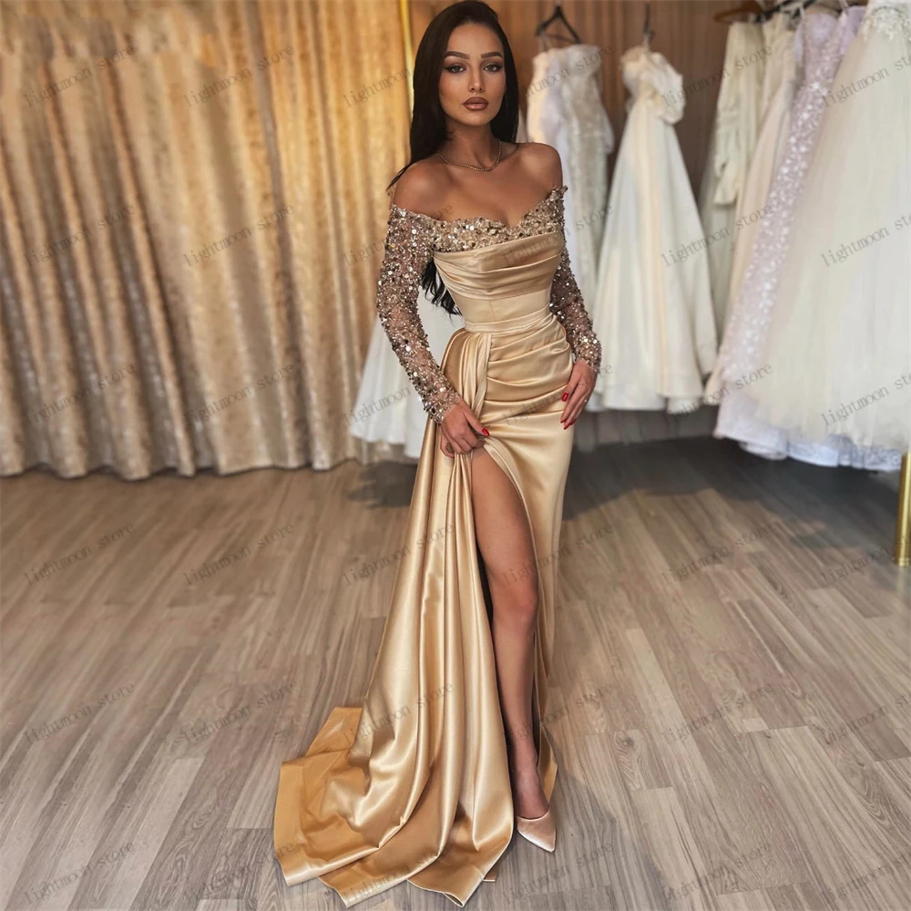 

Glitter Evening Dresses Satin Prom Dress Boat Neck Off The Shoulder Sheath Mermaid Beading Appliques Elegant vestidos de noche