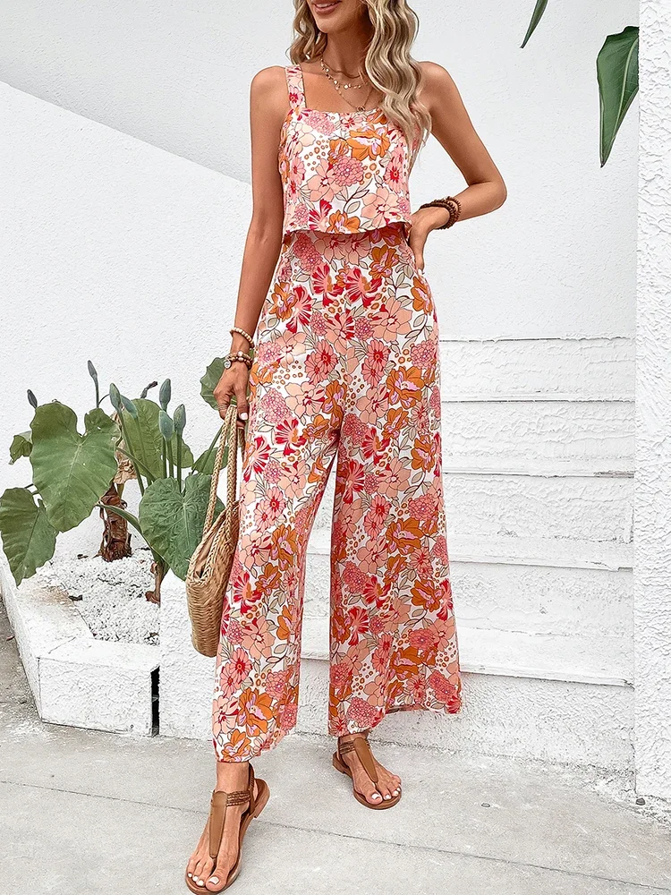 2024 Nieuwe Elegante Lange Jumpsuit Voor Dames, Sexy Jumpsuit Met Open Rug En Wijde Pijpen, Casual Mouwloze Bloemenjumpsuit Voor Zomerkleding