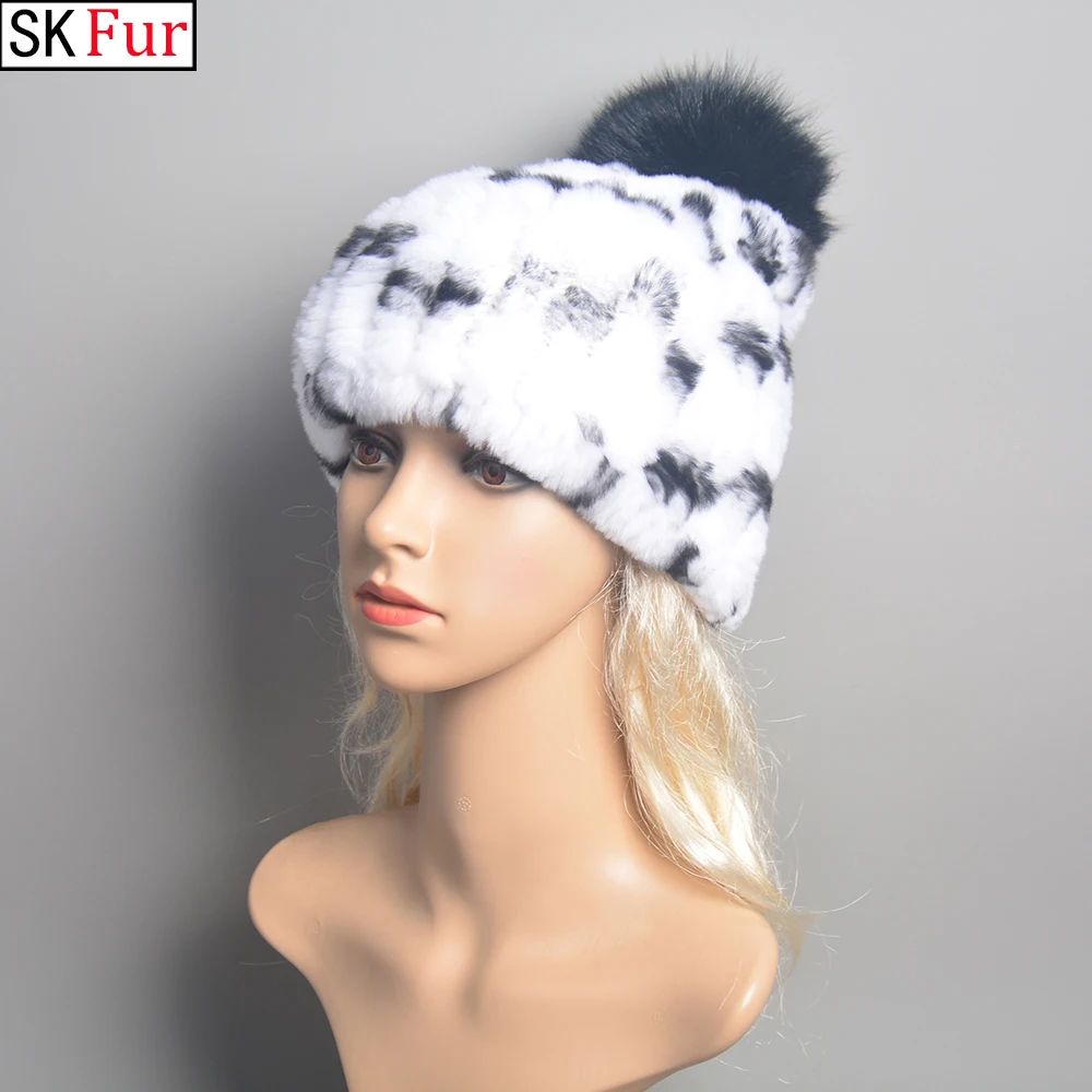 

New Winter Natural Real Rex Rabbit Fur Hat Women Elasitc Warm Hand Knitted Real Rex Rabbit Fur Caps Fox Fur Pompoms Beanies Cap