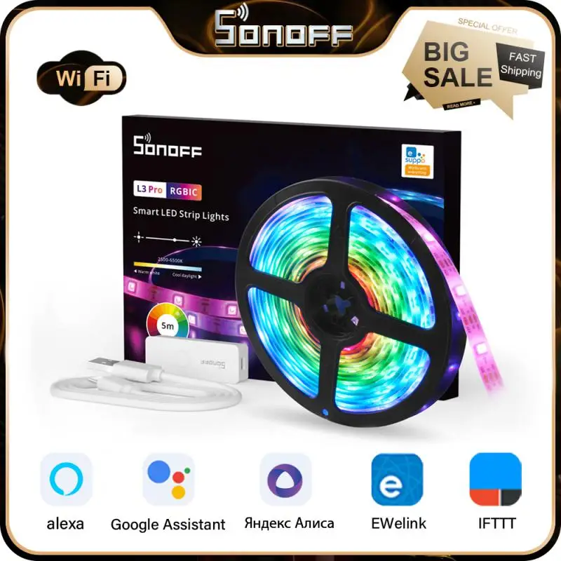 

Светодиодная лента SONOFF L3 с Wi-Fi для умного дома, гибкая светодиодная RGB лампа 5 м, Рождественское украшение, танцы с музыкой, работает с Alexa