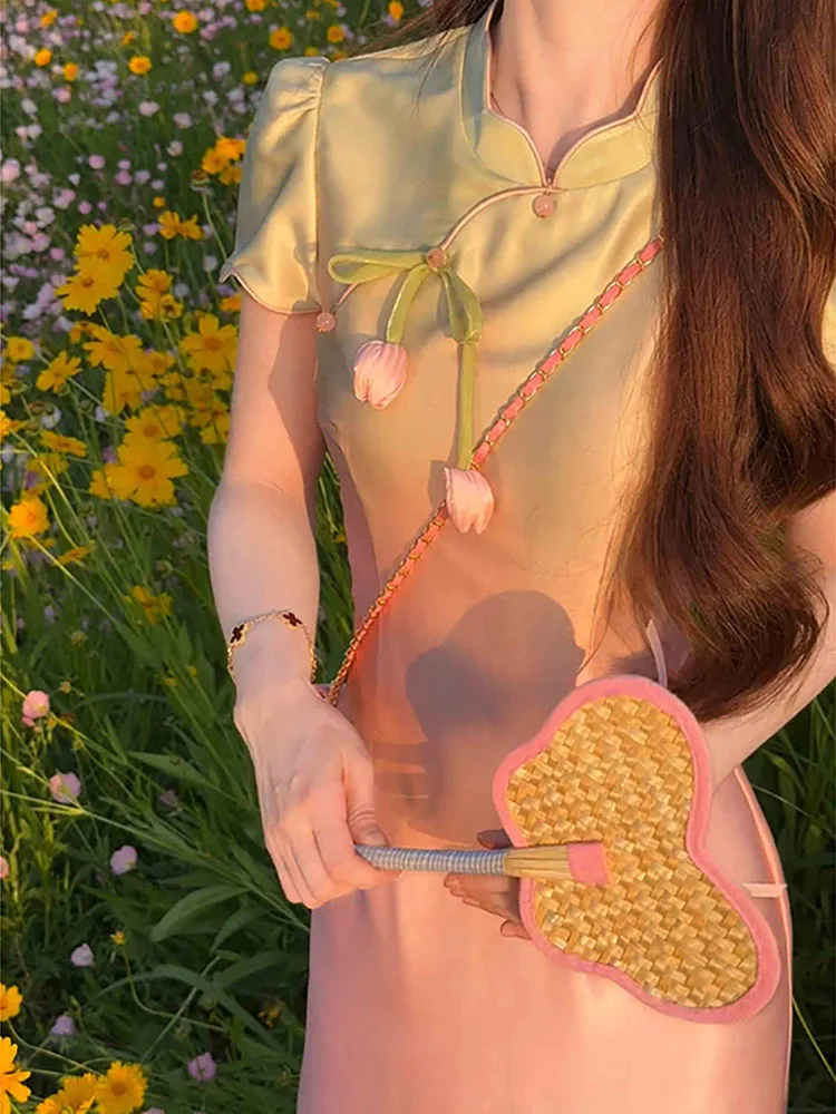 

Tulip Sa Dr adient Color Chang Qing Summer New Arrival Daily Wear Long ort Sve Medium Length Chinese St...