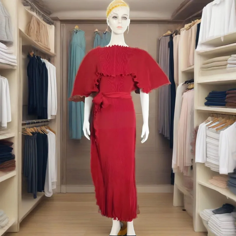 

2025 Summer New Evening Dress Miyake Pleated Solid Colour One-shoulder Wooden Ear Edge Round Neck Dress Women's Plus Size