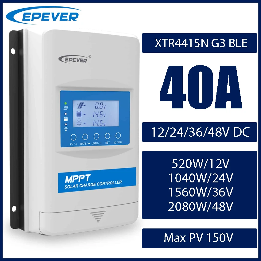 EPEVER 40A MPPT zonneladingsregelaar met Bluetooth, XTRA G3 BLE-serie. DC 12/24/36/48V, Max PV-paneel 150V, EU-voorraad