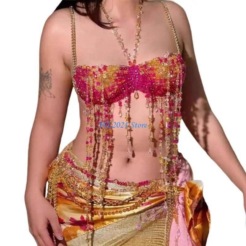 

G5GC Womens Beaded Fringe Chest Chain Necklace Acrylic Halter Neck Body Chain