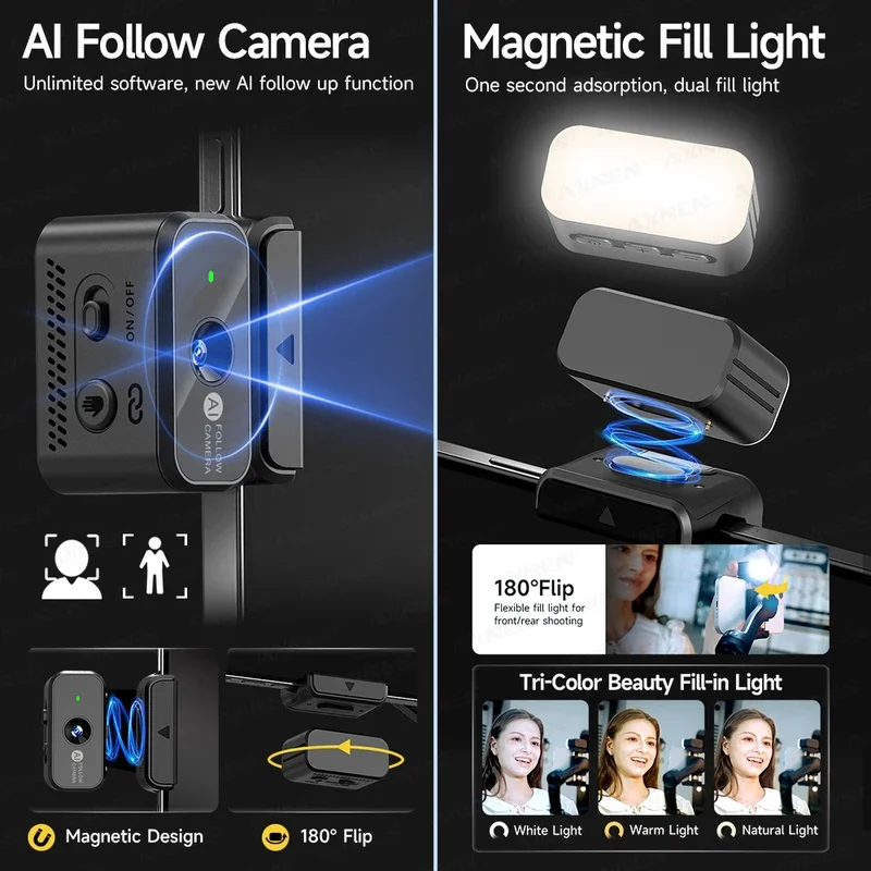 M06 AI تتبع يده مثبت أفقي مع ملء الضوء اللاسلكية Lavalier ميكروفون آيفون الهاتف قضيب تليسكوبي #3