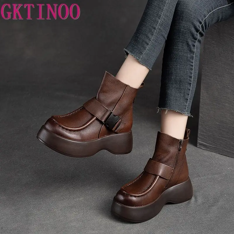 GKTINOO 2024 New Autumn Winter Thick Sole Ankle Boots Women Warm Boots Shoes Handmade Genuine Leather Zipper Retro Boots