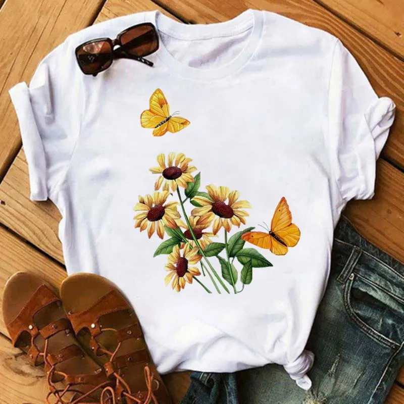 Camiseta con estampado de flores y mariposas para mujer, blusa informal de manga corta, ropa estampada