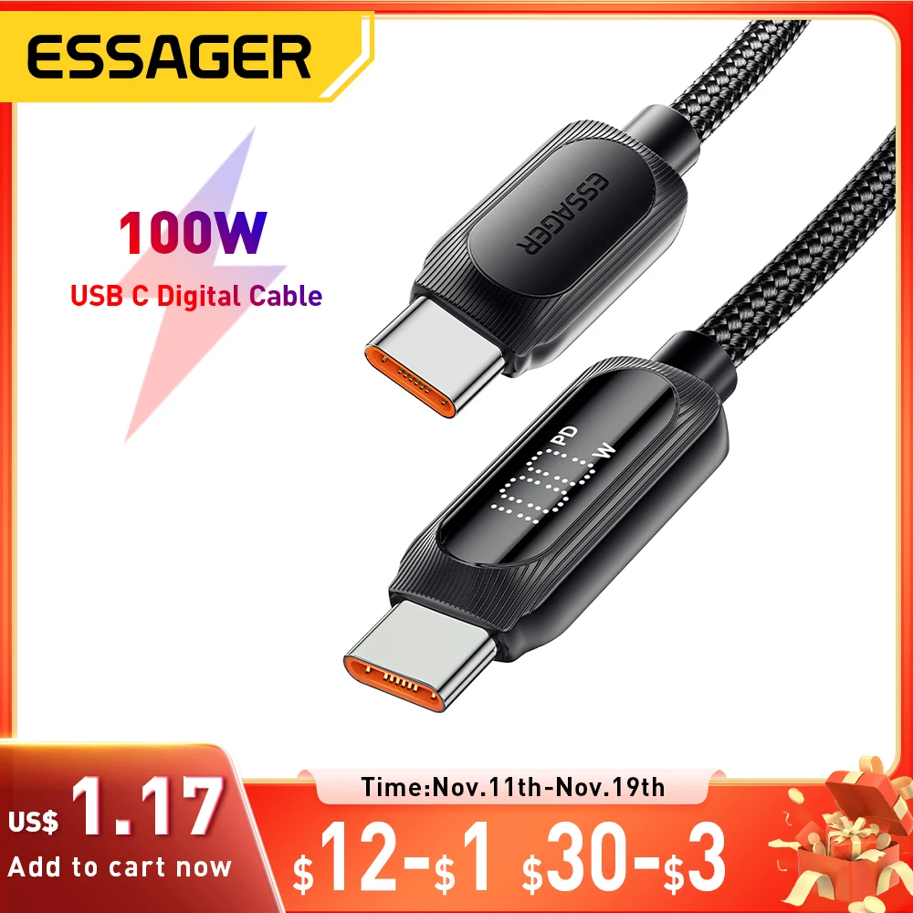 Essager USB Type C To USB C Cable 100W 5A PD Fast Charging Wire Cord For Macbook Xiaomi Samsung Type-C Digital Display Cable 3Ｍ