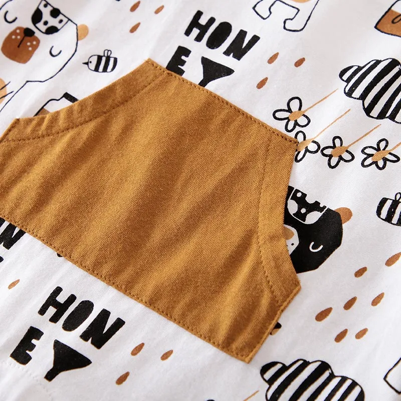 Summer Boys And Girls Cute Cartoon Brown Bear Printed Cotton Comfortable Short Sleeve Baby T-Shirt+Strap Pants Two Piece Set