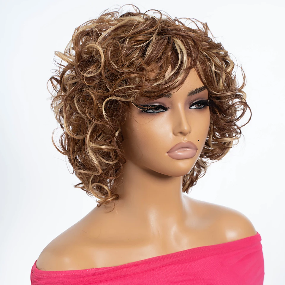 Lekker Highlight Brown Short Loose Curly Bob Human Hair Wigs For Women Fluffy Bouncy Curl Colored Brazilian Remy Hair 10