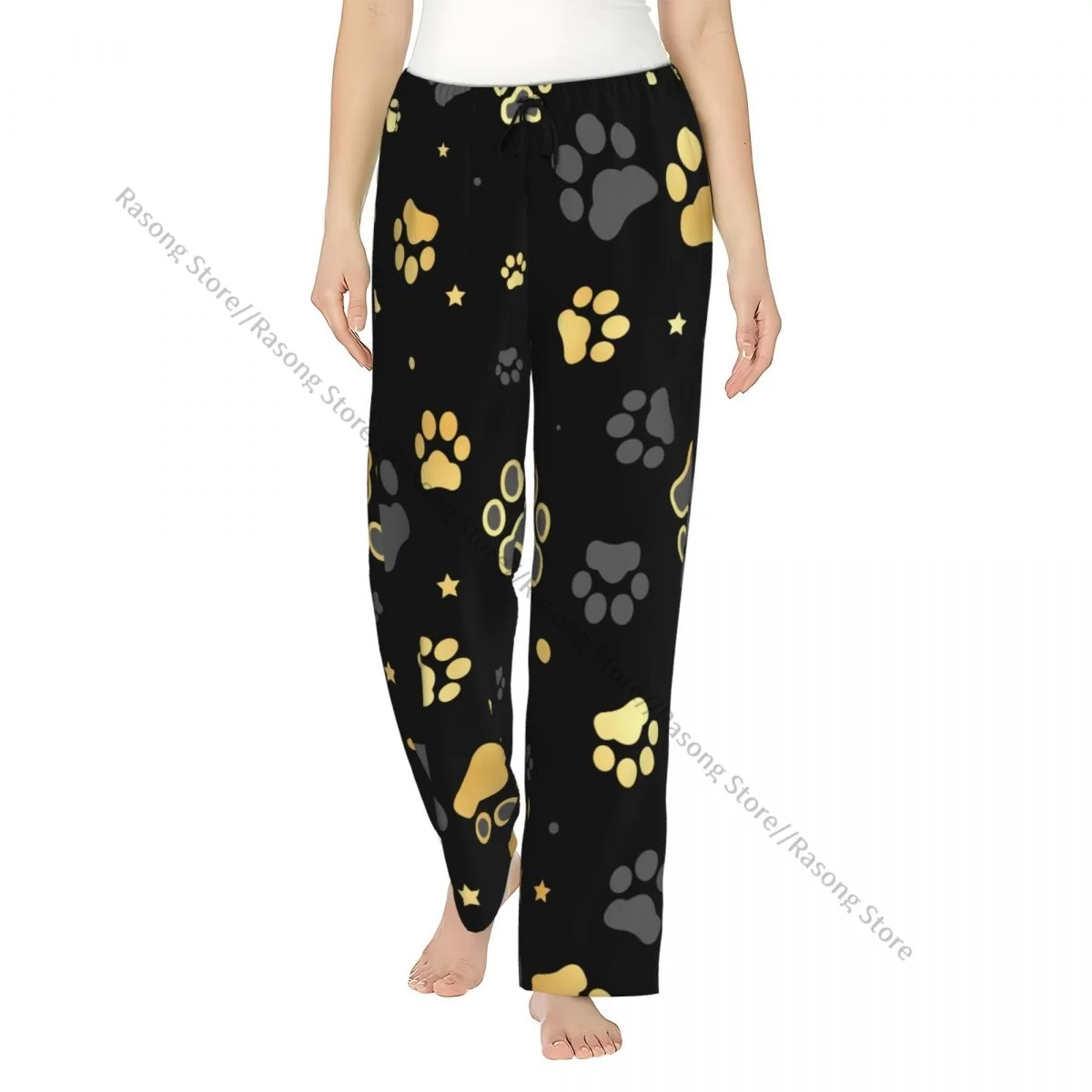 

Gold Dog Paw Print And Star Flannel Pajama Pants for Women Soft Warm Sleep Pants with Elastic Waistband
