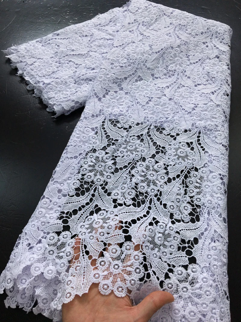 

White African Guipure Cord Lace Fabric 2025 High Quality Nigerian Water Soluble Lace Fabric With Stones For Elegant Women Dress