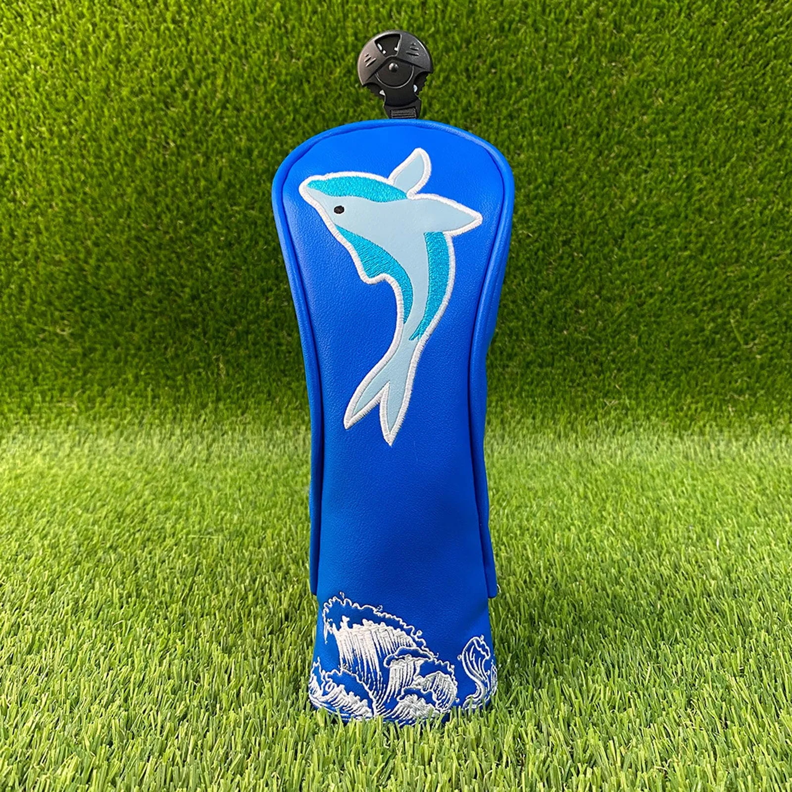 Dolphin Embroidery Golf Headcover Elastic Bands Water Resistant PU Leather Club Head Cover with Soft Velvet Lining