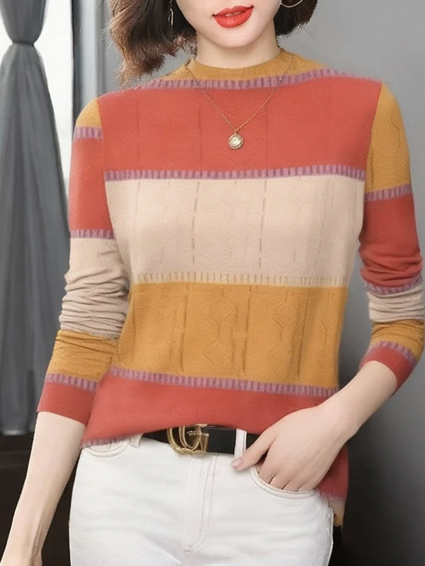 

Трикотажный свитер Slim Fit с длинным рукавом, круглым вырезом, в стиле Mommy, повседневная одежда, из полиэфирного волокна, гарантия тепла, с полосатым узором, Cove...