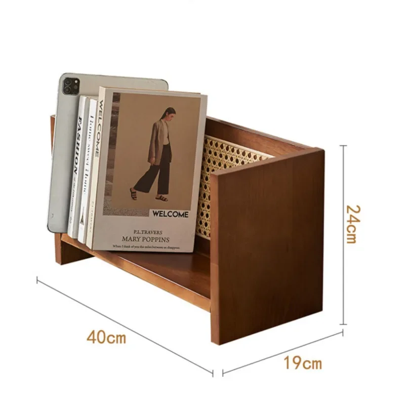 Nordic Creative Book Shelves Solid Wood Magazine Rack Desktop Multilayered Newspapers Shelf Natural Rattan Weaving Display Stand