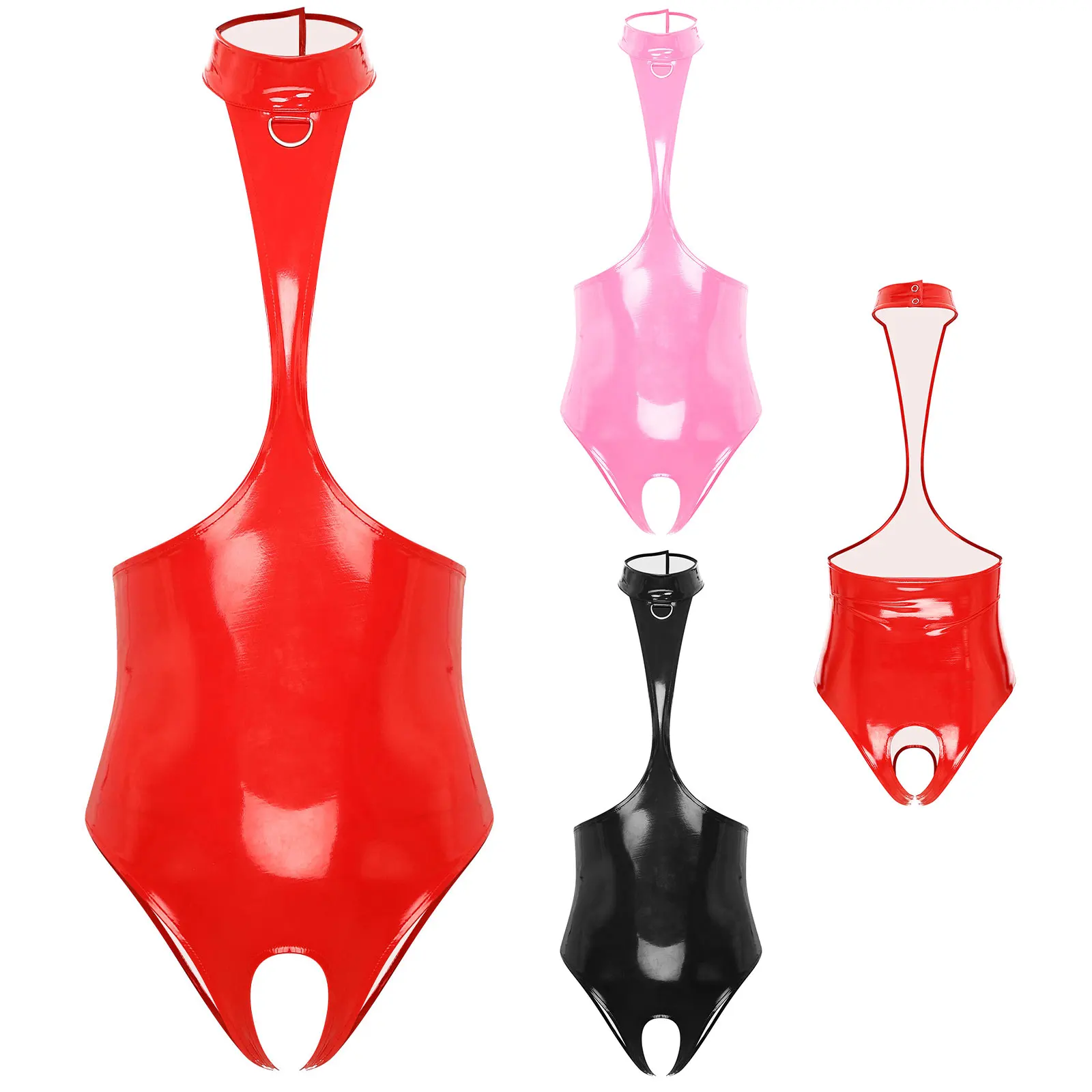 Women Lingerie Wet Look Patent Leather Bodysuit Sexy Sleeveless Leotard Open Chest Halter Jumpsuit Backless Crotchless Catsuit