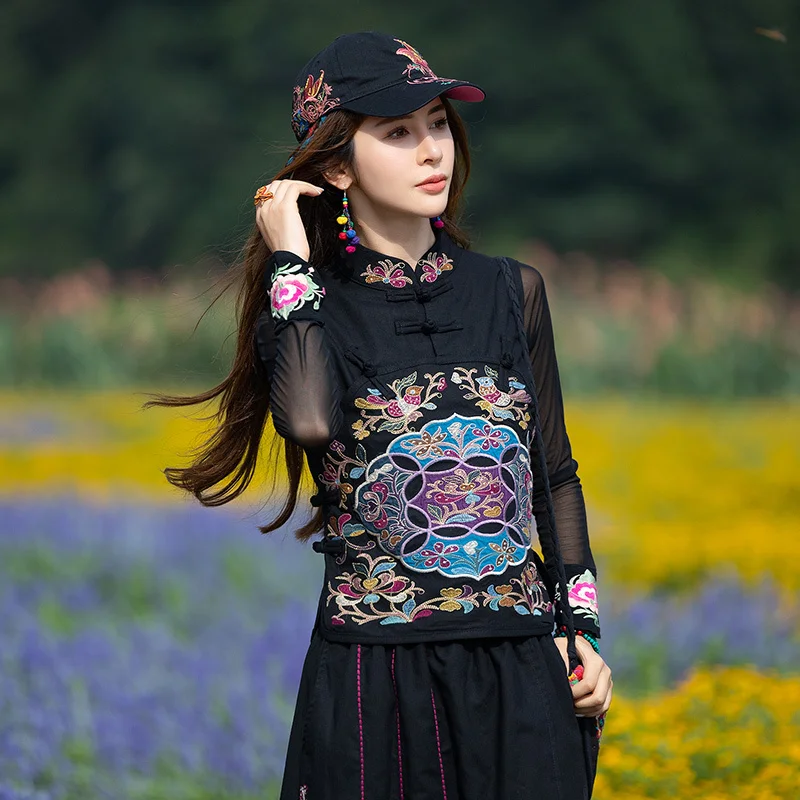 Oriental Ethnic Gilet Tops Black Cotton Short Stand Collar Sleeveless Waistcoat Embroidery Chinese Style Traditional Women Vest